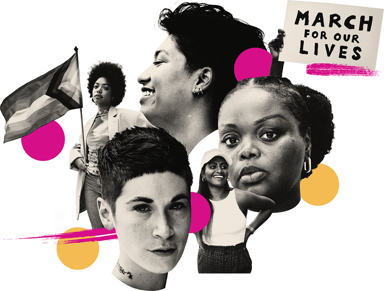 A graphic including five women of different races and a hand holding a sign that says march for our lives. One woman is holding a pride flag. A graphic including five women of different races and a hand holding a sign that says march for our lives. One woman is holding a pride flag.